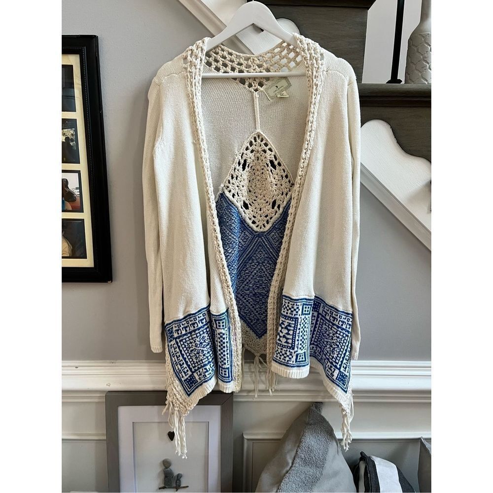 Ruby Moon White & Blue Boho White & Blue Crochet Fringe Cardigan sz S